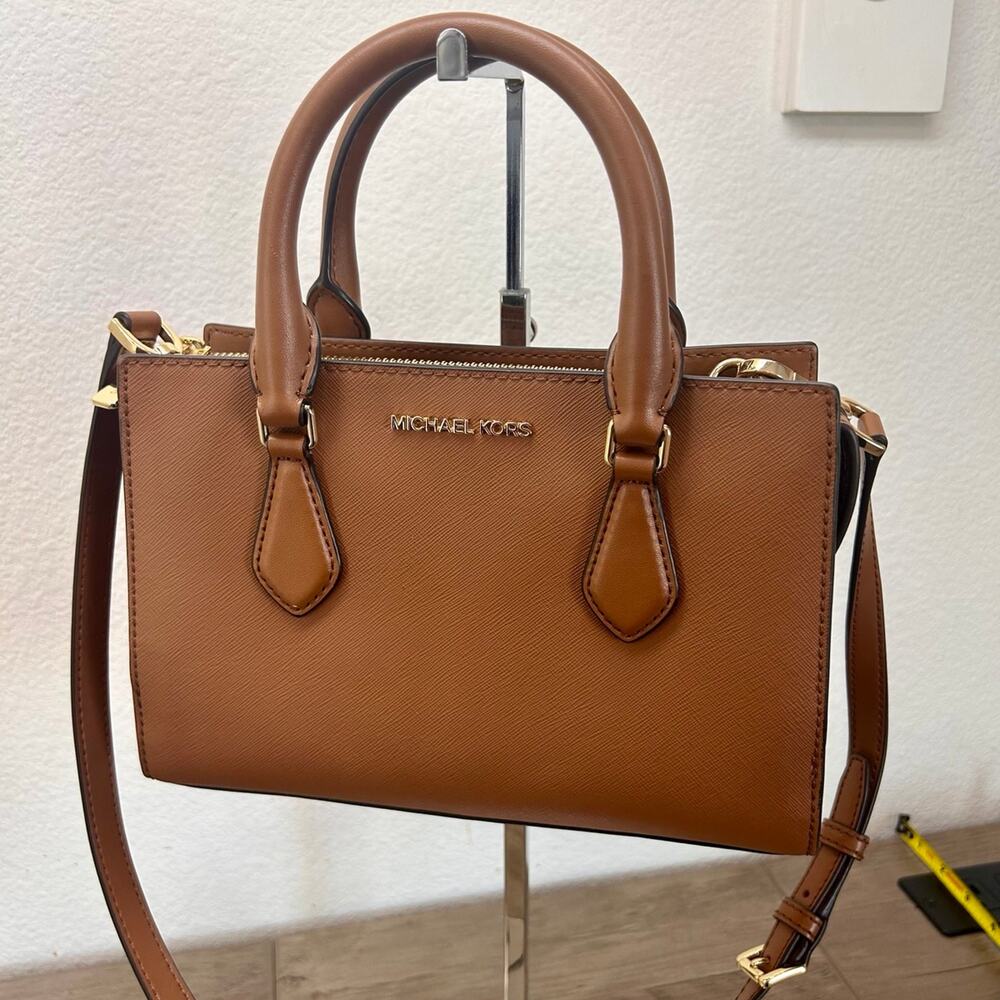 Michael Kors Sheila X-Small Luggage Vegan Faux Leather Center Zip Satchel